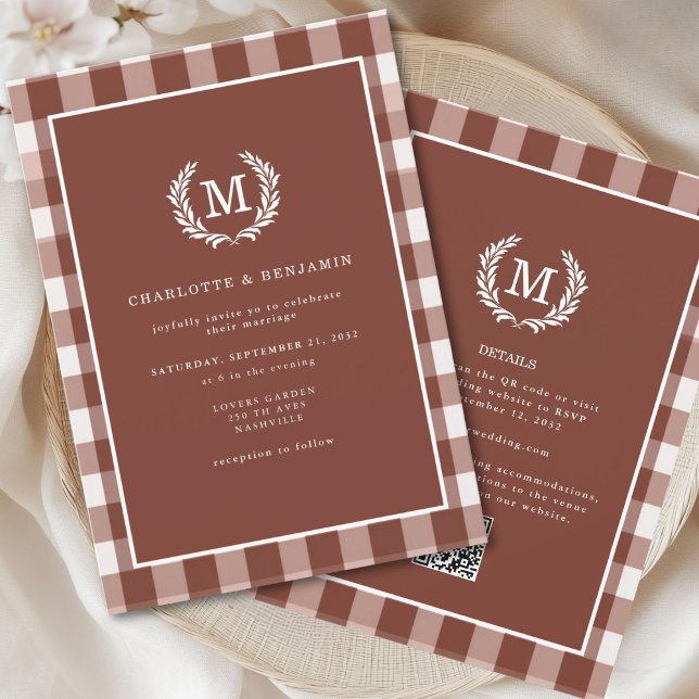 Brown Gingham Monogram Crest QR Code Invitation (Creator Uploaded)