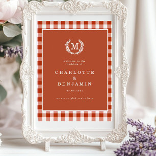 Brown Gingham Monogram Crest Wedding Welcome Poster