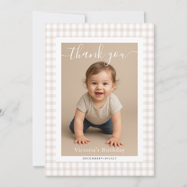 Brown Gingham Teddy Bear Neutral Baby Shower Paper Card (Front)