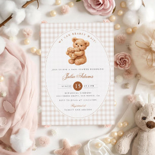 Brown Gingham Teddy Bear Neutral Baby Shower Paper Invitation