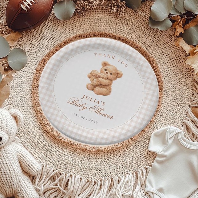 Brown Gingham Teddy Bear Neutral Baby Shower Paper Plate (Creator Uploaded)