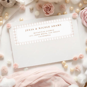 Brown Gingham Teddy Bear Neutral Baby Shower Paper Return Address Label