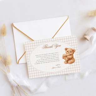 Brown Gingham Teddy Bear Neutral Baby Shower Paper Thank You Card
