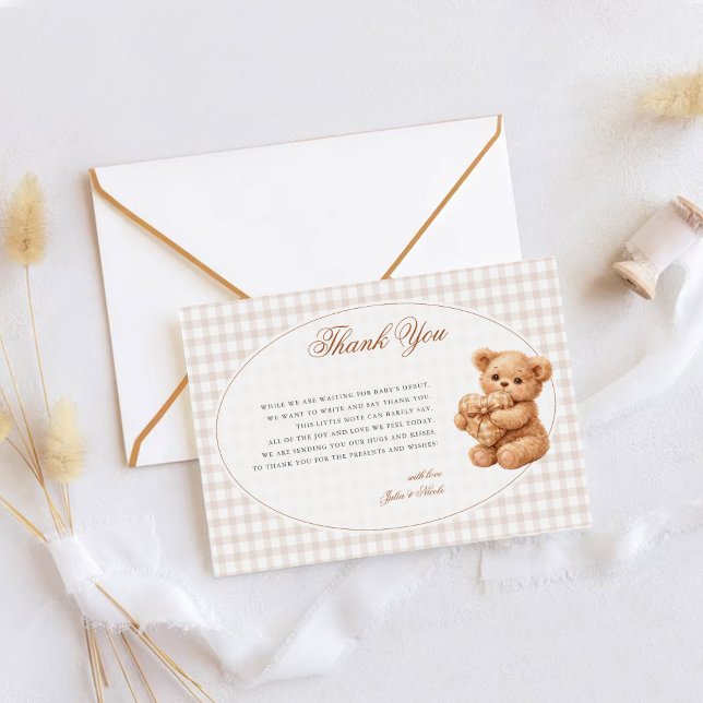 Brown Gingham Teddy Bear Neutral Baby Shower Paper Thank You Card (Creator Uploaded)