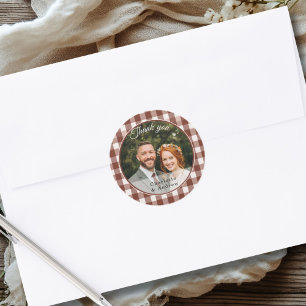 Brown Gingham Thank you Photo Classic Round Sticker