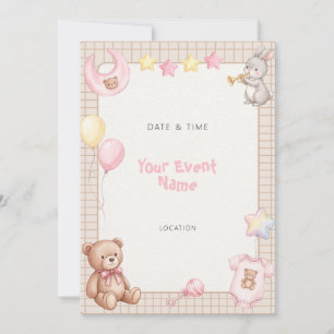 Brown Gingham Watercolor Baby Animal Invitation