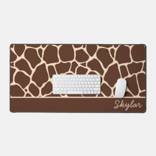Brown Giraffe Animal Print Custom Cursive Name Desk Mat