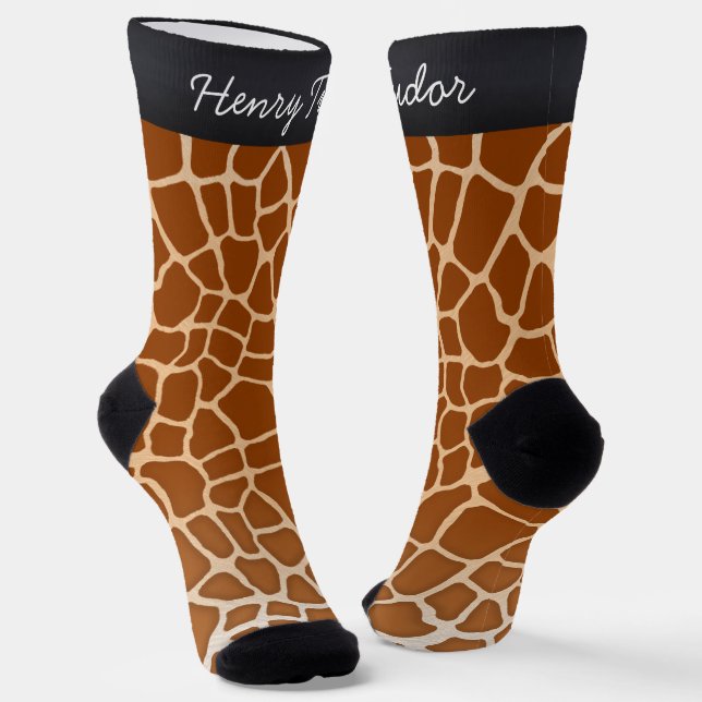 Brown Giraffe Spots Animal Print Personalised Name Socks (Angled)