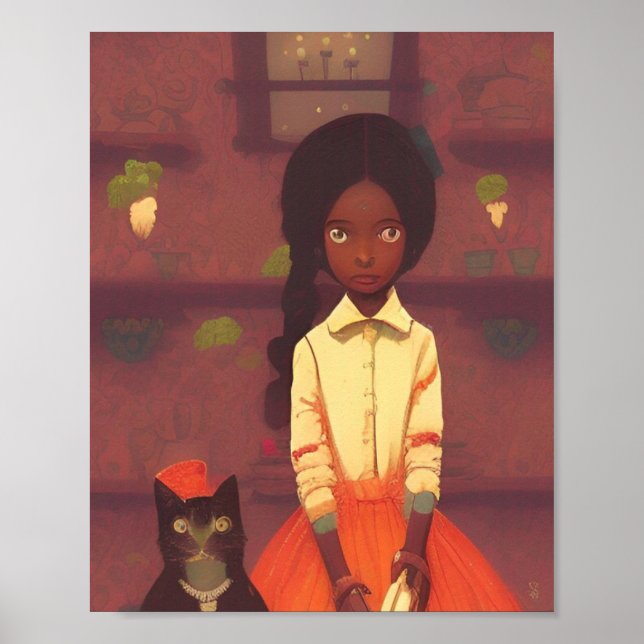 Brown girl and cat robots orange skirt poster (Front)