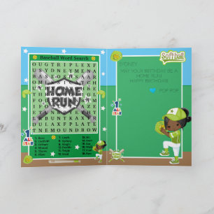 Brown Girls Softball Word Search Happy Birthday Card