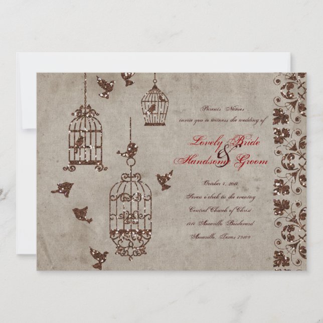 Brown Glitter Birds Old Paper Wedding Invitation (Front)