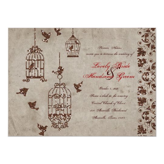 Brown Glitter Birds Old Paper Wedding Invitation