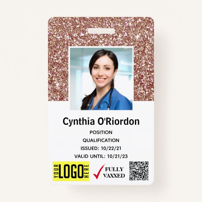 Brown Glitter Caregiver QR Barcode Photo ID Badge (Front)