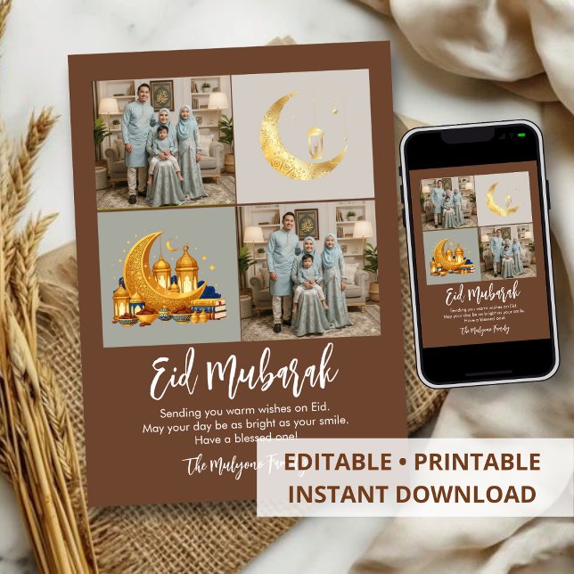 Brown Gold 2 Photo Grid Eid Mubarak Family Photo Holiday Card (Creator Uploaded)