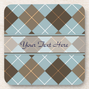 Brown, Gold, and Sky Blue Argyle Monogram Coaster