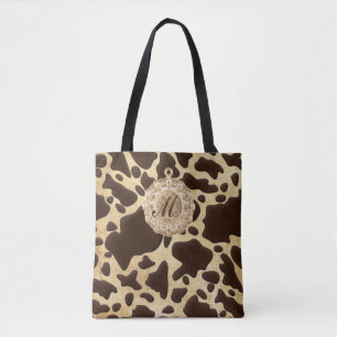 Brown & Gold Animal Print Antique Charm Initial Tote Bag