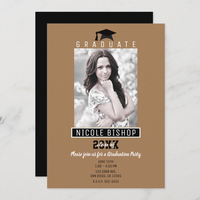 Brown Gold Black Graduation Photo Party Invitation (Front/Back)