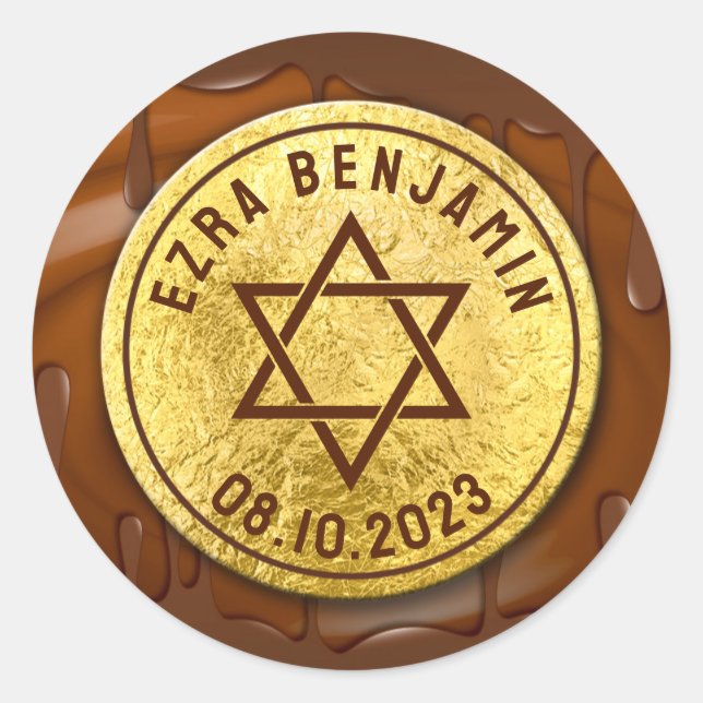 Brown Gold Chocolate Bar Mitzvah or Bat Mitzvah Classic Round Sticker (Front)