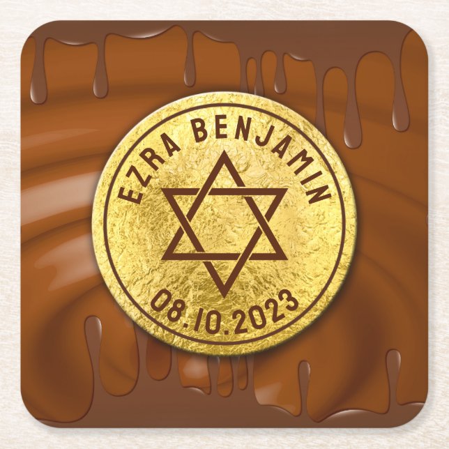 Brown Gold Chocolate Bar Mitzvah or Bat Mitzvah Square Paper Coaster (Front)