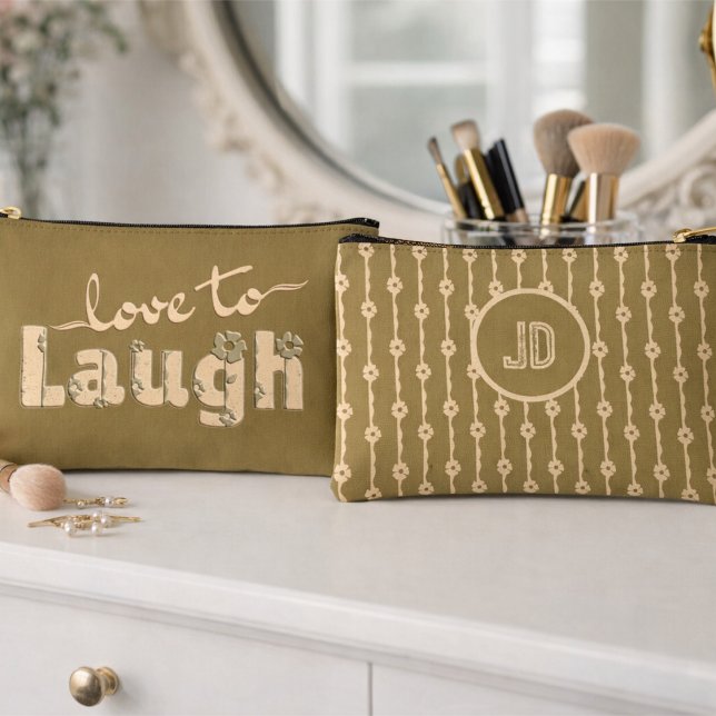 Brown Gold & Cream Large Text With Flowers Accessory Pouch (Cute two sided hand drawn slogan in cream with flower accents and custom initials on the back.)