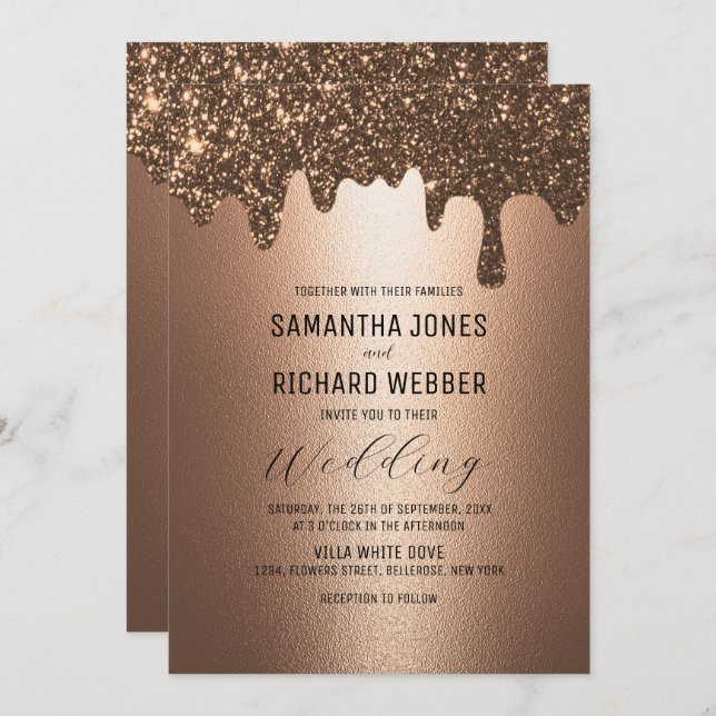 Brown Gold Dripping Glitter Metallic Shine Wedding Invitation (Front/Back)