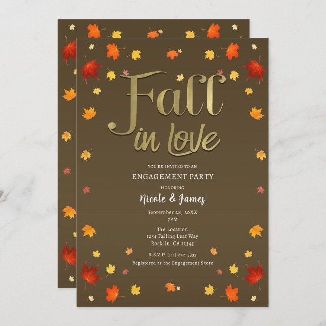 Brown & Gold Fall in Love Leaves Engagement Party Invitation (Front/Back)