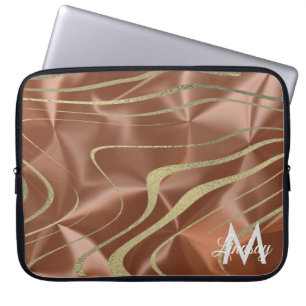Brown Gold Faux Foil Swirls Monogrammed Laptop Sleeve
