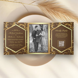 Brown Gold Flourish Swirl Photo QR Code Wedding Tri-Fold Invitation