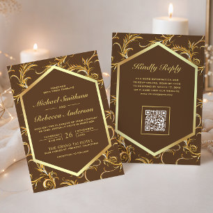 Brown Gold Flourish Swirl QR Code Wedding Invitation