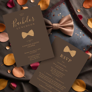 Brown Gold Fun Polka Dots Bow Bachelor Luncheon Invitation