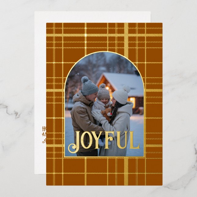 Brown & Gold Gingham Christmas Holiday Photo (Front/Back)
