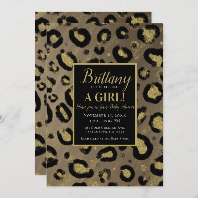 Brown Gold Glitter & Black Leopard Baby Shower Invitation (Front/Back)