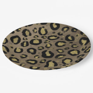 Brown Gold Glitter & Black Leopard Baby Shower Paper Plate