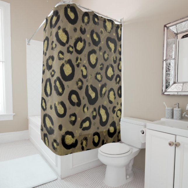 Brown Gold Glitter & Black Leopard Cheetah Print Shower Curtain (In Situ)