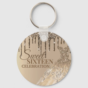 Brown Gold Glitter Girly Spark Drips 16 Birthday Key Ring