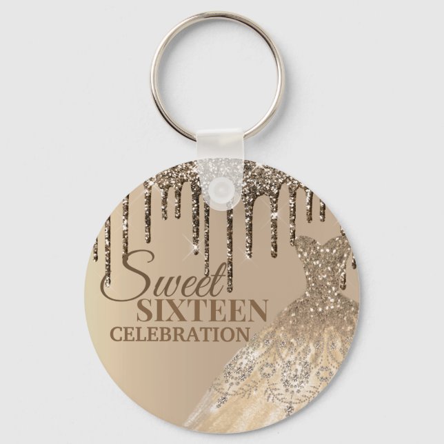 Brown Gold Glitter Girly Spark Drips 16 Birthday Key Ring (Front)