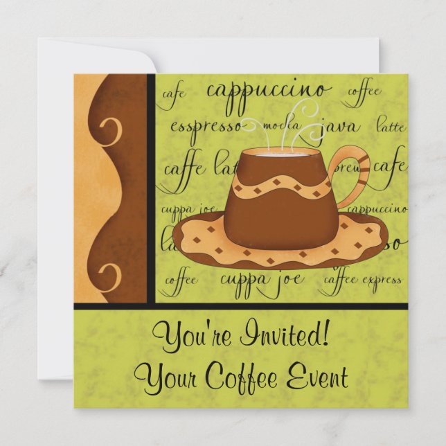 Brown Gold Green Chequerboard Coffee Cup Art Name Invitation (Front)