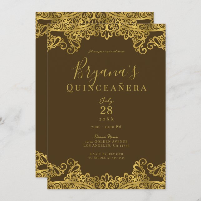 Brown & Gold Lace Elegant Quinceañera Party  Invitation (Front/Back)