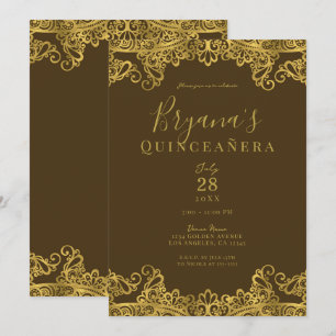Brown & Gold Lace Elegant Quinceañera Party  Invitation