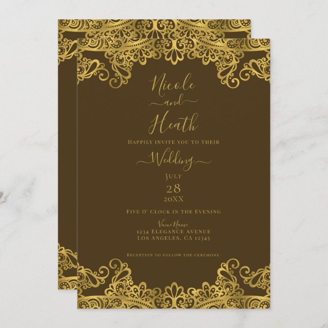 Brown & Gold Lace Elegant Wedding    Invitation (Front/Back)