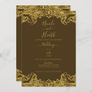 Brown & Gold Lace Elegant Wedding    Invitation