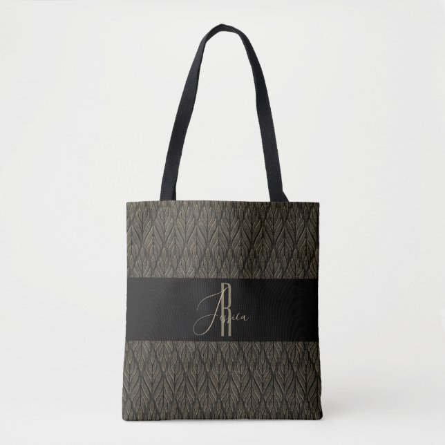 Brown gold Leave leather pattern & monogram Tote Bag (Front)