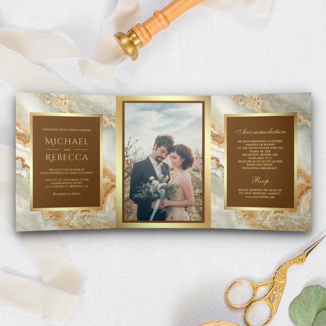 Brown Gold Marble Faux Gold Foil Photo Wedding Tri-Fold Invitation (Creator Uploaded)