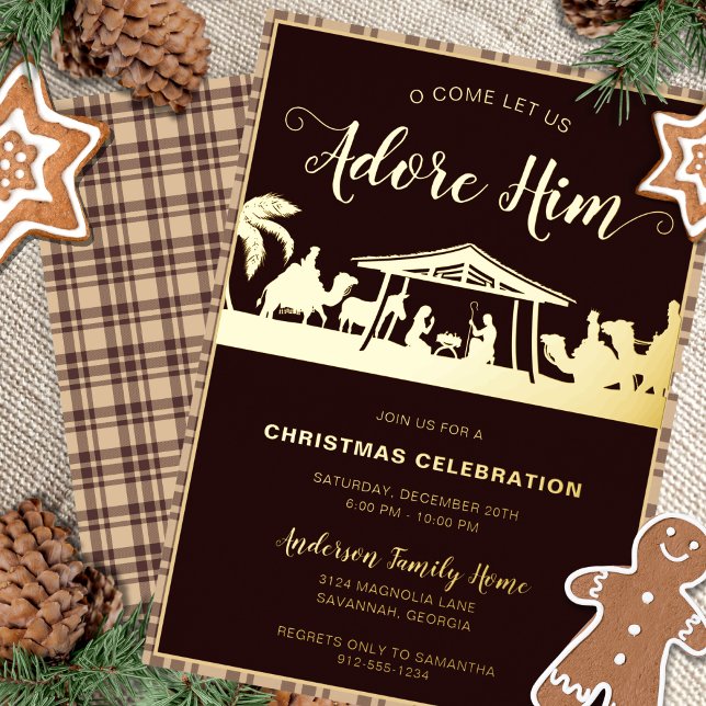 Brown & Gold Nativity Religious Christmas Party (Real gold foil, religious Christmas party invitation with a rustic calligraphy script and nativity.)