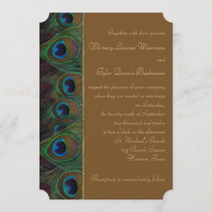 Brown, Gold Peacock Feathers Wedding Invitation