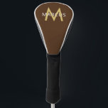 Brown Gold Personalised Name on Modern Driver Golf Head Cover<br><div class="desc">Personalised Name and Initial Letter custom printed on a Golf Club Driver Cover with a Monogram in a modern font in brown and gold or yellow to match your favourite colours,  or favourite sports team or university college or school colours.</div>