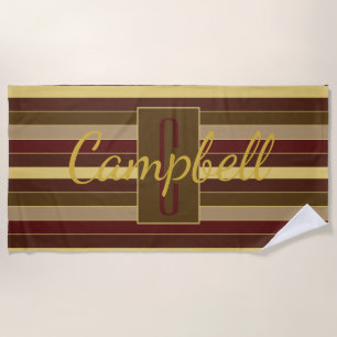 BROWN GOLD RED STRIPE PATTERN ELEGANT MONOGRAMMED BEACH TOWEL