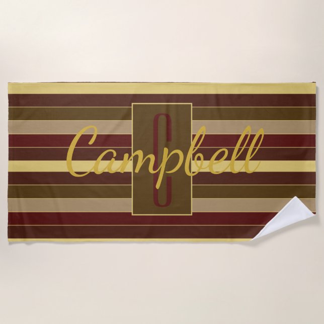 BROWN GOLD RED STRIPE PATTERN ELEGANT MONOGRAMMED BEACH TOWEL (Front)