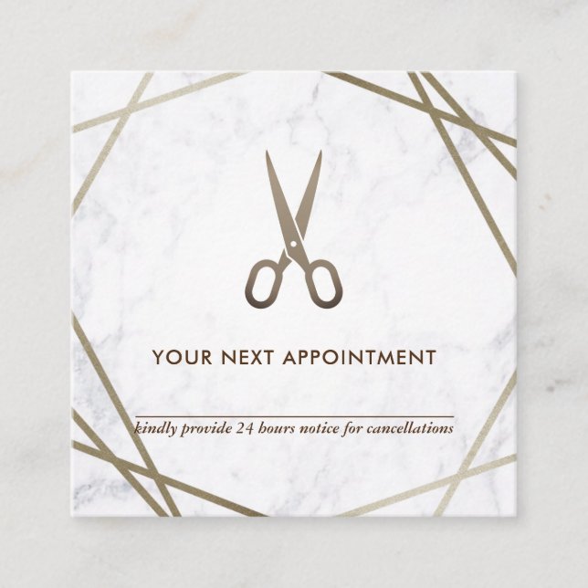 Brown Gold Scissors Marble HairStylist Appointment Square Business Card (Front)