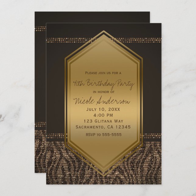 Brown Gold Zebra Print Birthday Party Any Event Invitation (Front/Back)